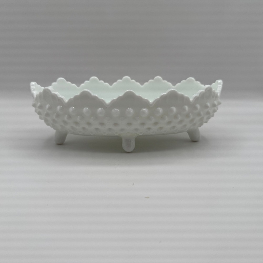 Fenton Pickle Dish Milk Glass White Hobnail Scalloped Footed Bowl 8.5 Inch Oval